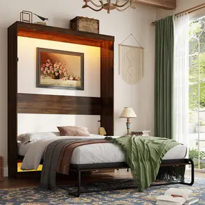 Full /Queen Size Farmhouse Murphy Bed with Dual LED Lights, Space-Saving Fold-Down Wall Bed Cabinet with Gas Lift and Open Storage, Sturdy Wood Frame, No Box Spring Required