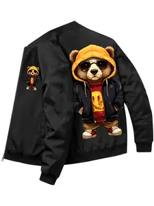 Men's Jacket Spring and Autumn Driver Sports Jacket Casual Outdoor Running Clothing Fashion Unique Zipper Cardigan Retro European and American Street Style Cute Bear Print Men's Clothing