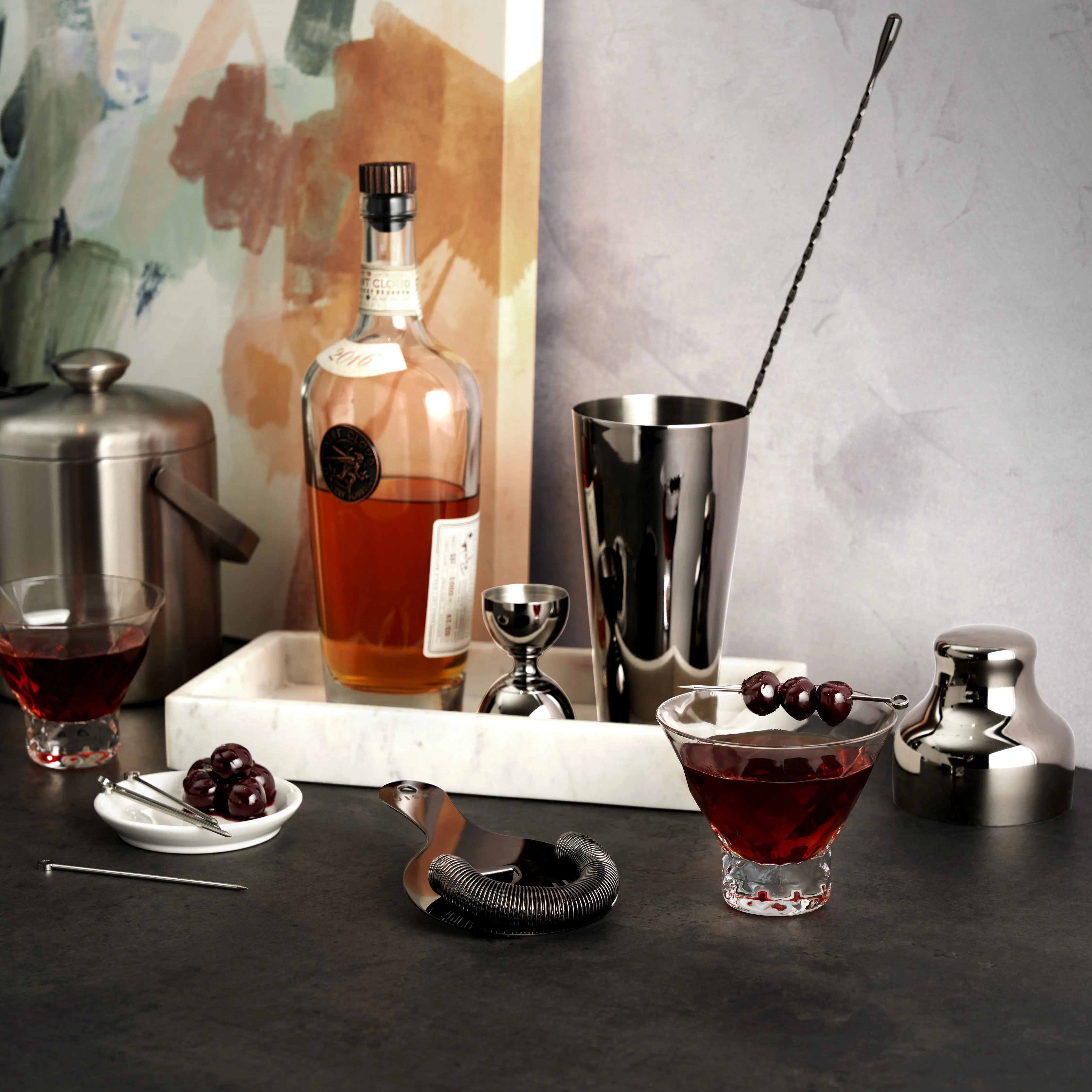 Warren Gunmetal Black Cocktail 4-Piece Set - 25 oz Shaker, Jigger, Strainer & Bar Spoon, the Perfect Starter Bartender Kit