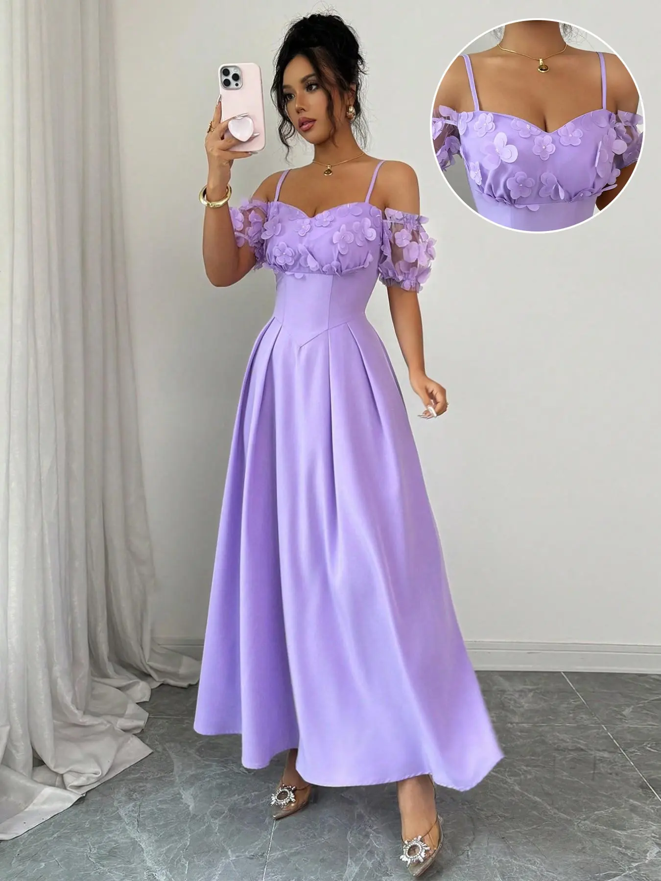 Light 3D Flower Floral Off-Shoulder Maxi Dress, Elegant Feminine Sweet Heart Neckline Formal Evening Gown, Formal Wear, Perfect for Graduation, Wedding, Date, Cocktail Party