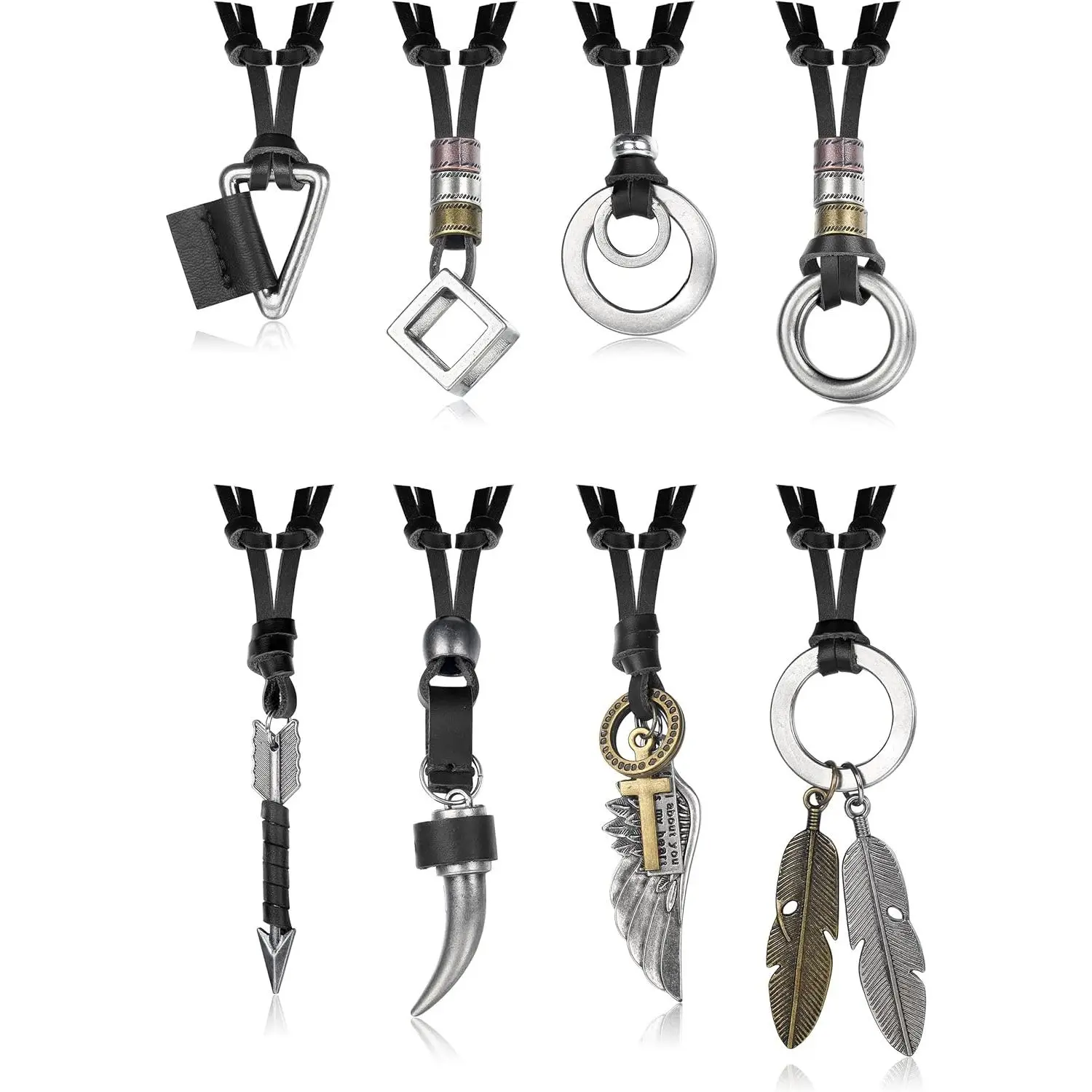 8 count Leather Necklace for Men Women Brown Black Leather Cord Necklace Tribal Arrow Wolf Tooth Feather Pendant Statement Necklace for Men Women