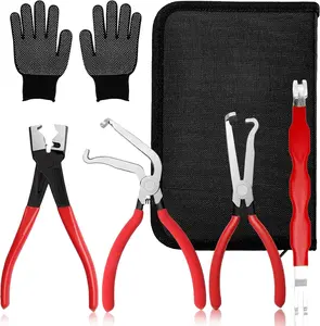 5-Pcs Kit Electrical Disconnect Pliers Set w/Gloves - Auto Connector Tool for Fuel Line, Wiring, Sensors & Coils | Quick-Release Car Truck Repair (Red)
