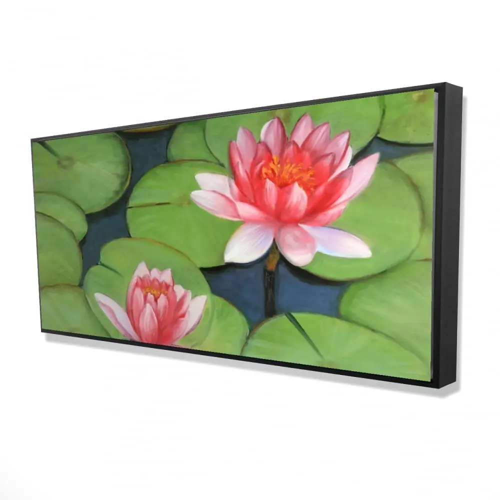 360 Stand Framed Botanical Art Print - 24x48 in Romantic Pink Lotus Flowers in Swamp, Nature Artwork for Lover, Home Decor Wall Accessory, Decoration, Home Supplies, Framed Print