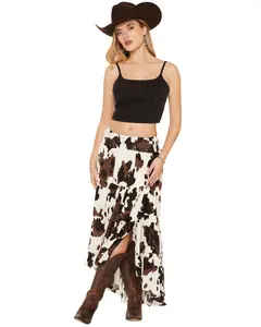 Wild Moss Women's Cow Print Tiered Front High Low Midi Skirt - Ima5735b-W2053