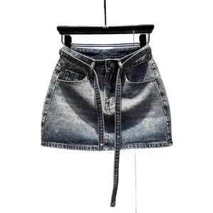 Women's Summer Plus Size Retro Gradient Rhinestone Denim High-Waist Slimming Bodycon A-Line Short Skirt