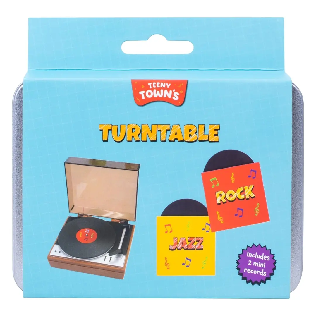 Teeny Town Turntable – Miniature Novelty Vinyl Record Player with 2 Playable Records – Retro-Inspired Musical Gift for Vinyl Lovers, Home Decor, and Collectors