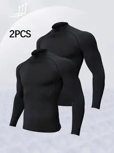 2pcs Men's Sports Compression Long Sleeves, High Neck Tight-Fitting Quick-Dry Breathable Fitness t-Shirts, Athletic Compression Shirts, Sports Apparel, Workout Clothes, Suitable for Exercise, Daily Wear, Gym, Running, Training - All-Season