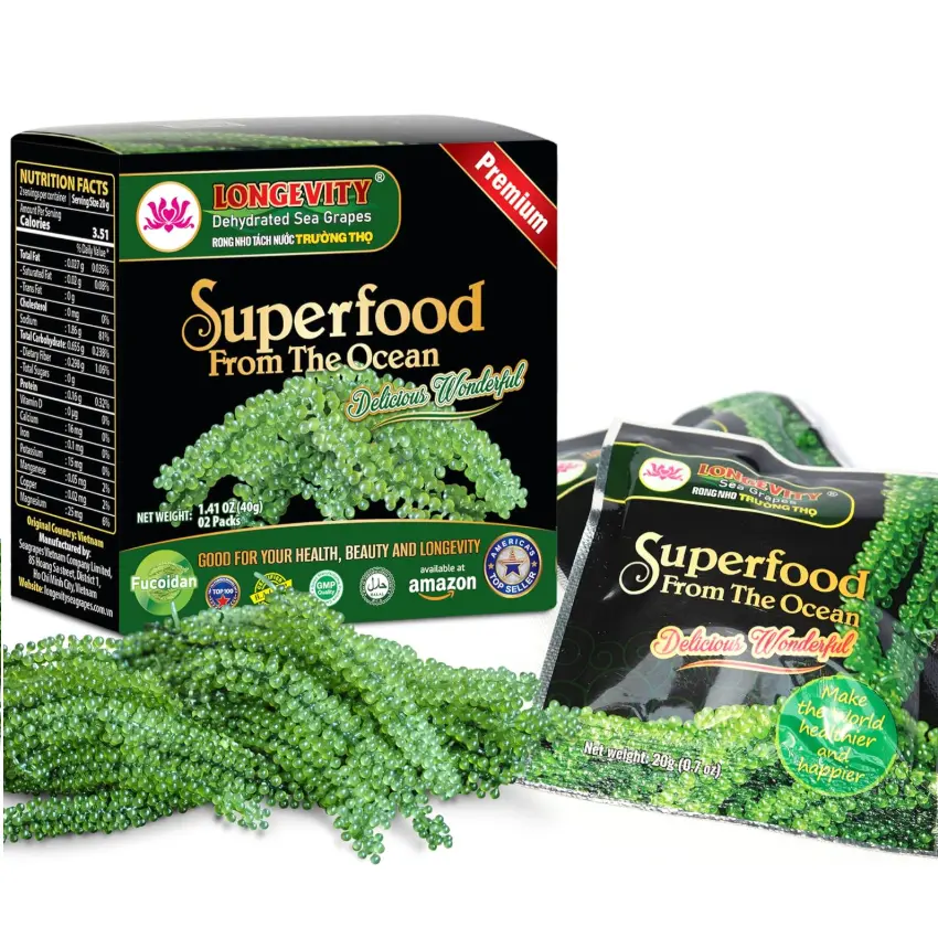 LONGEVITY Dehydrated Sea Grapes, 1.4 oz of (Pack of 2), Umibudo Green Caviar, Lato Seaweed | Enhance Health, Boosting Immune System, Valued Natural Gift From Sea (Original, 40g)