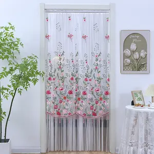No Drill Sheer Door Curtain, Beaded Embroidery Privacy Curtain, Mosquito Net for Bedroom, Long Partition Curtain for Home Decor