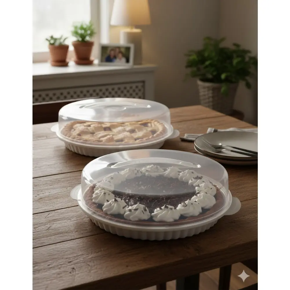 2-Pack Plastic Pie Carriers with Lids - Clear Dome with White Fluted Base – Fits 10” Pies – Freezer Safe, Slide Lock, Built-in Handle – Pie Storage & Transport Set