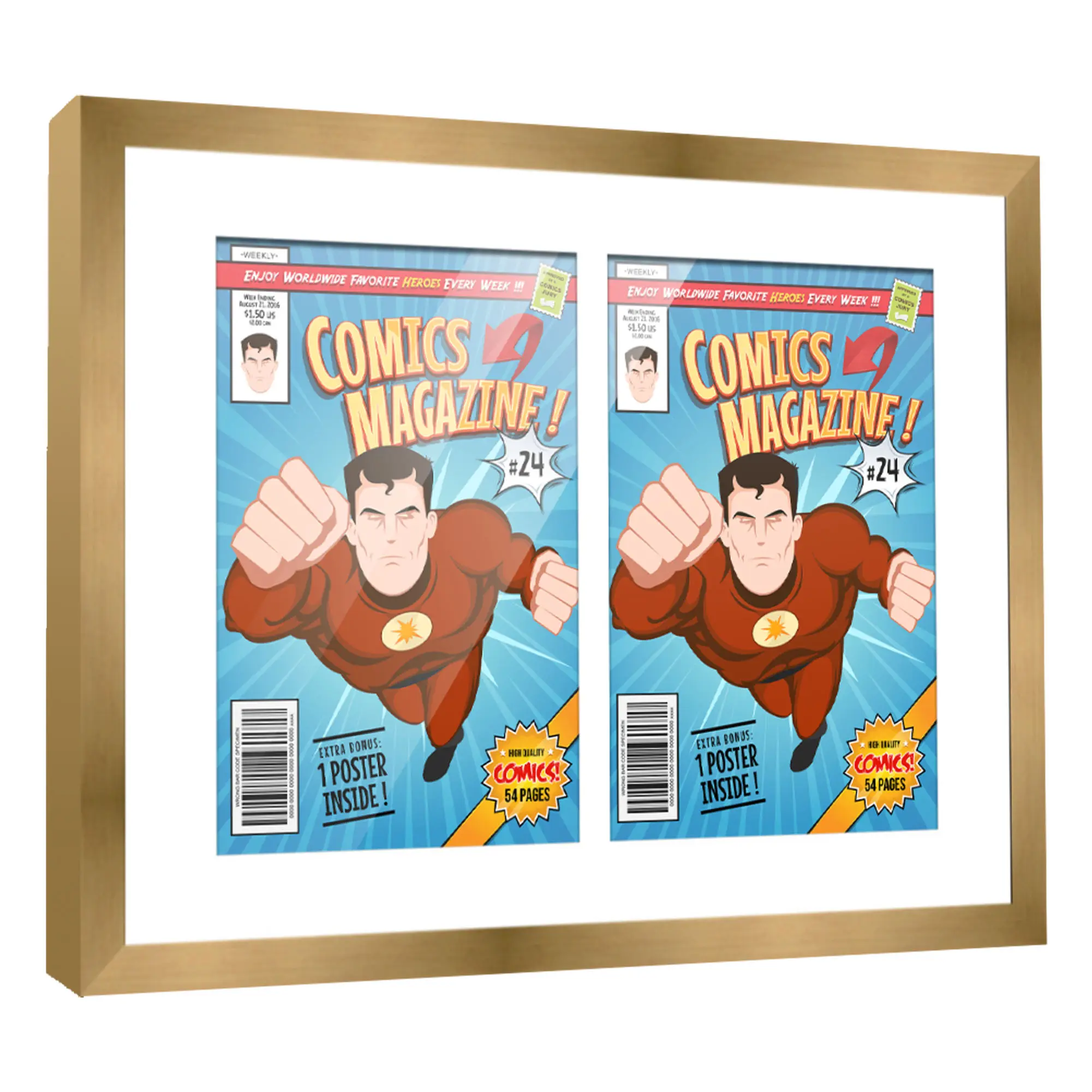 Comic Book Frame with Mat for 2 Current Era Comics Published After 1985 - Bronze Wood Comic Frame With White Mat for 6.875x10.5 Comics - 14x18 Frame Size