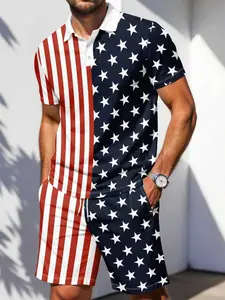 Men's Patriotic Festive 2-Piece Matching Outfit, American Flag Star & Stripe Print Breathable Polo Shirt and Shorts Set, Casual Summer 4th of July Streetwear Matching Sets