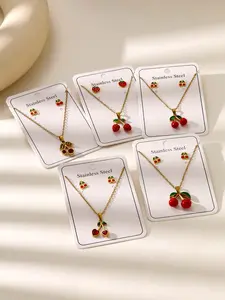 Women's Elegant Cherry Earrings & Necklace Set, Stainless Steel Material, All-Season Jewelry Gift, No Choking Hazard, Wedding Set