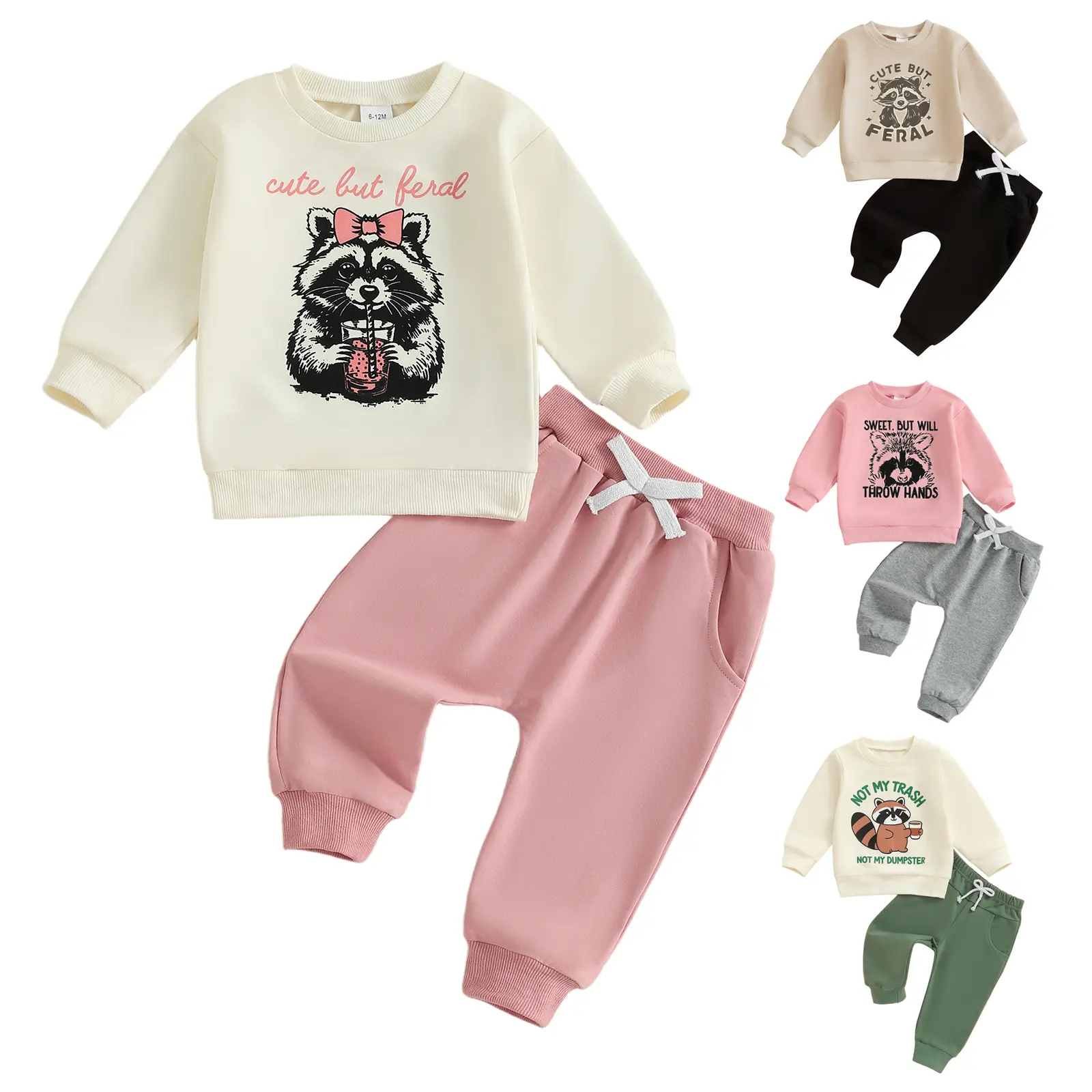 Cute Cozy Toddler 2-Piece Casual Clothing Set - Raccoon Long Sleeve Sweatshirt Top & Elastic Waist Jogger Pants for Fall Winter