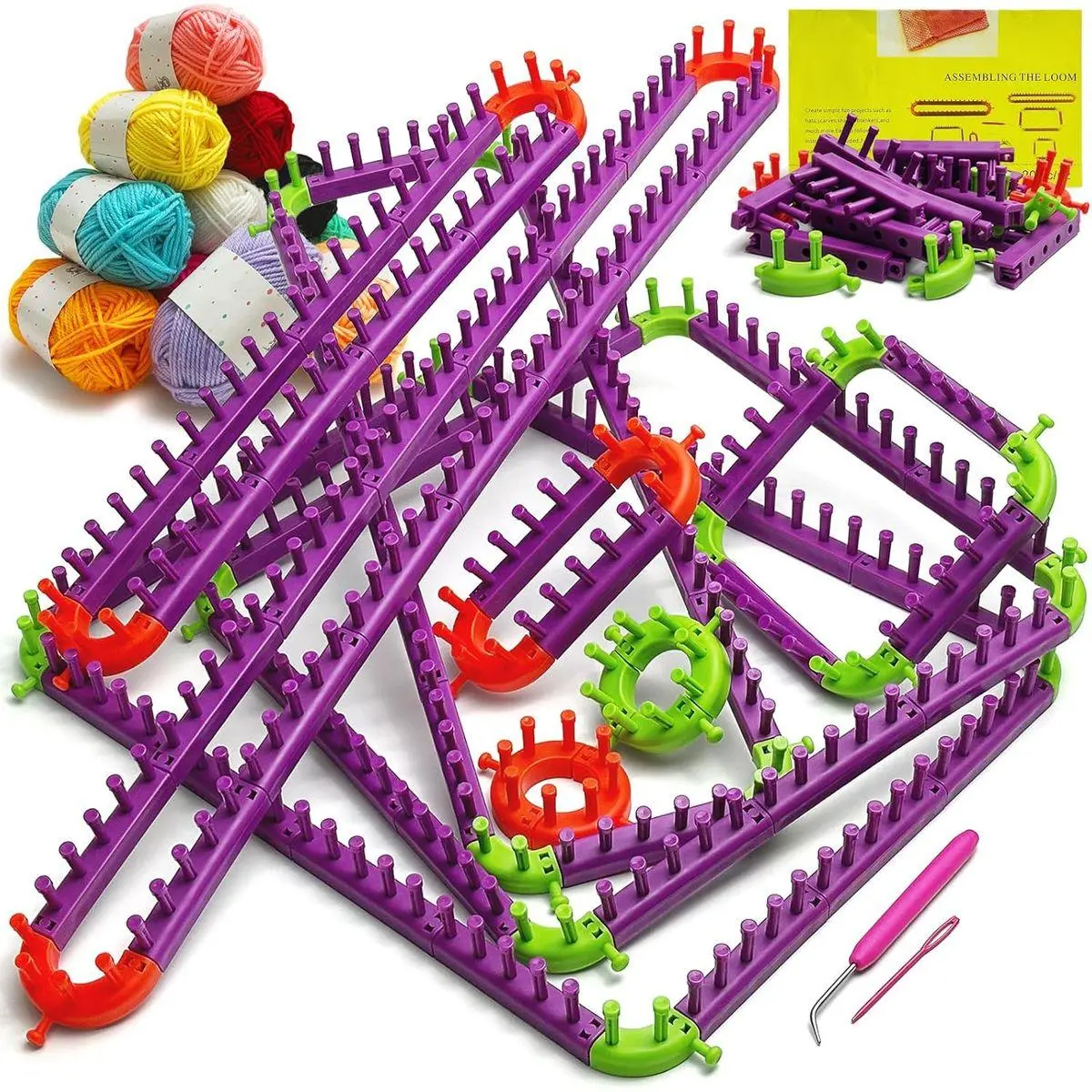 Adjustable Loom Knitting Kit, Up to 21 Different Sizes and Shapes Knitting Loom for Blankets/Scarves/Hats, Infinity Loom Crochet with 12 Yarn & Instructions, Flexible Yarn Loom for Beginners
