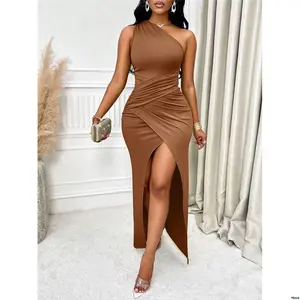 MaxiWomenOutfit SOLERSUN OneShoulderSolidColorTwistKnotSideSlitWrapDressSummerDressDressLong