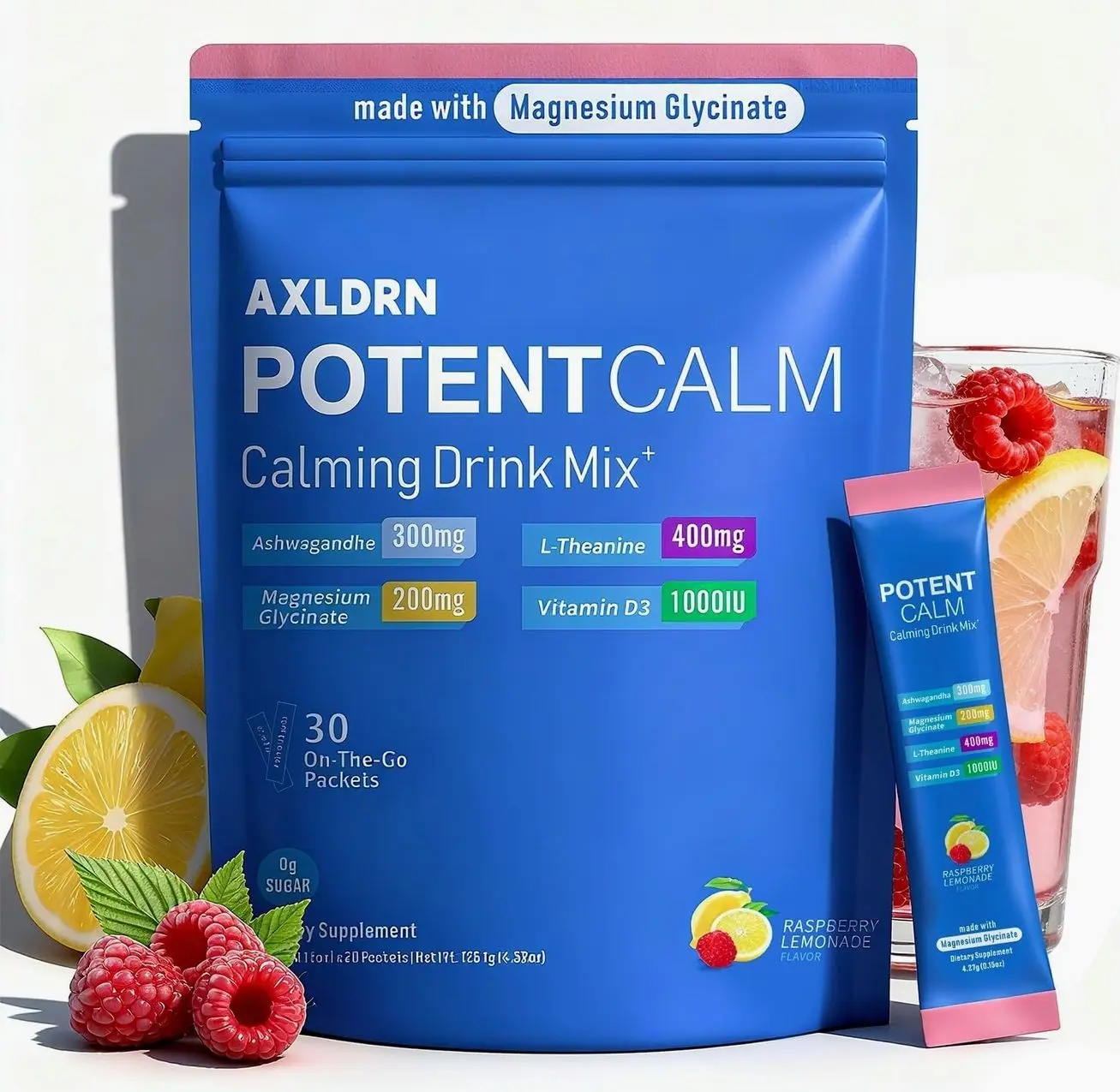 PotentCalm Super Cortisol Drink, Magnesium Glycinate Powder, L-theanine, Ashwagandha, Vitamin D, No Sugar, Raspberry Lemonade Electrolytes Powder - 30 Servings