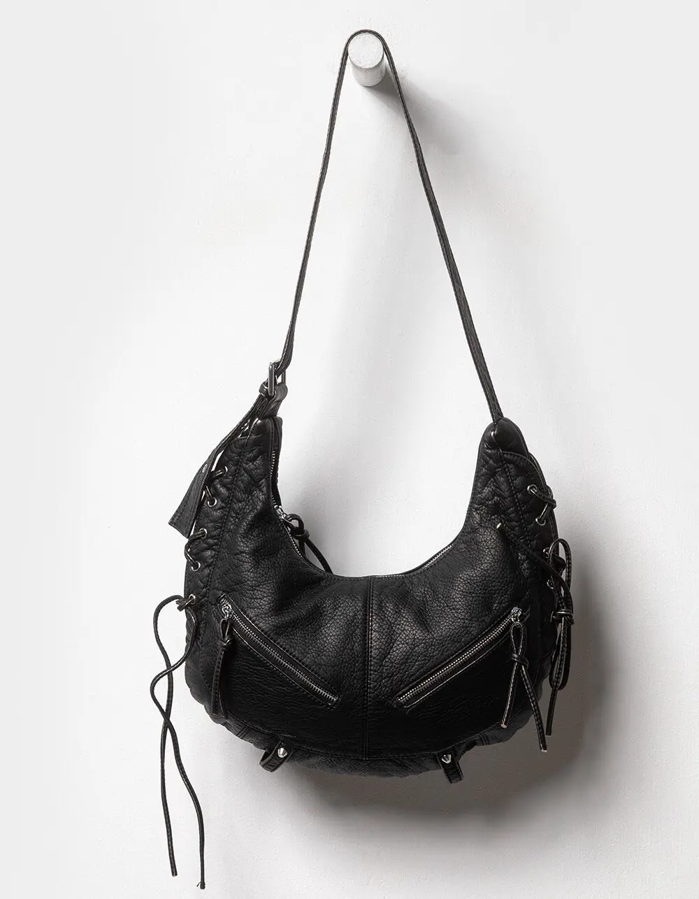 Washed Laced Shoulder Bag, Black Washed Laced Shoulder Bag, Black