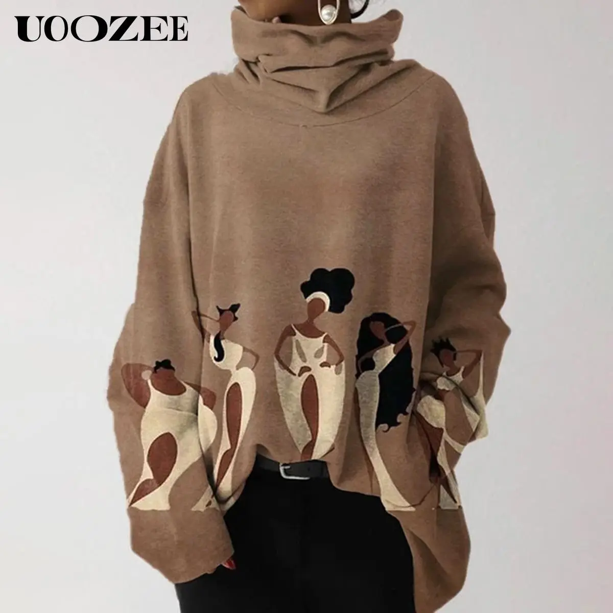 UOOZEE Women's Oversized Printed Sweatshirt, Casual Mock Neck Long Sleeve, Comfortable High-Stretch Spandex Pullover Top, Loose, Outfits, Thanksgiving, Plus Size, 92% Poly 8% Spandex, Baggy, Lady, Longsleeves, Easter