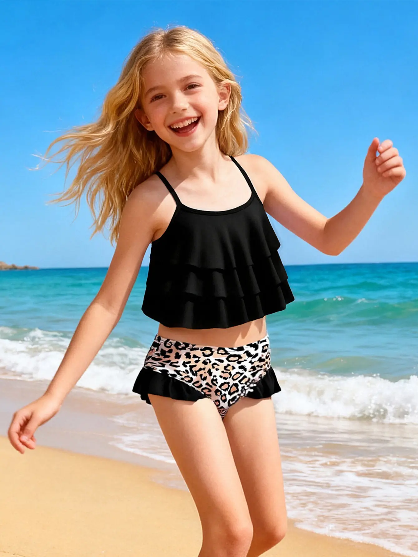 5-14 Years Girl Swimsuit 2 Piece Bikini Set Tropical Teens Girl Swimwear Tiered Ruffled Bathing Suit Adjustable Straps Summer Girls Beachwear