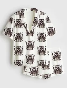 Women's Feral Raccoon PJs, Stay Trashy Short Sleeve Pajamas, Funny Animal Print Sleepwear, Unhinged Raccoon Gift, Silky Lounge Set