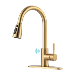 WOWOW Touchless Kitchen Faucet Stainless Steel: Smart Motion Sensor Kitchen Sink Faucet with Sprayer, Automatic Hand-Free Brushed Gold Kitchen Faucet for Sink 1 or 3 Hole