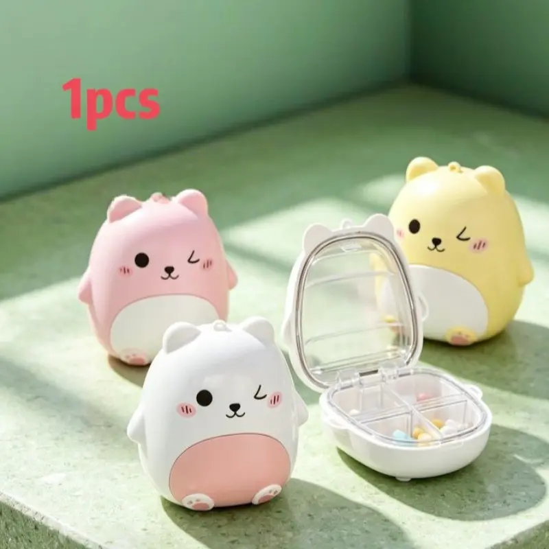 Portable bear-shaped medicine box cute bear design sealed medicine box large capacity daily medicine storage home travel finishing essential.