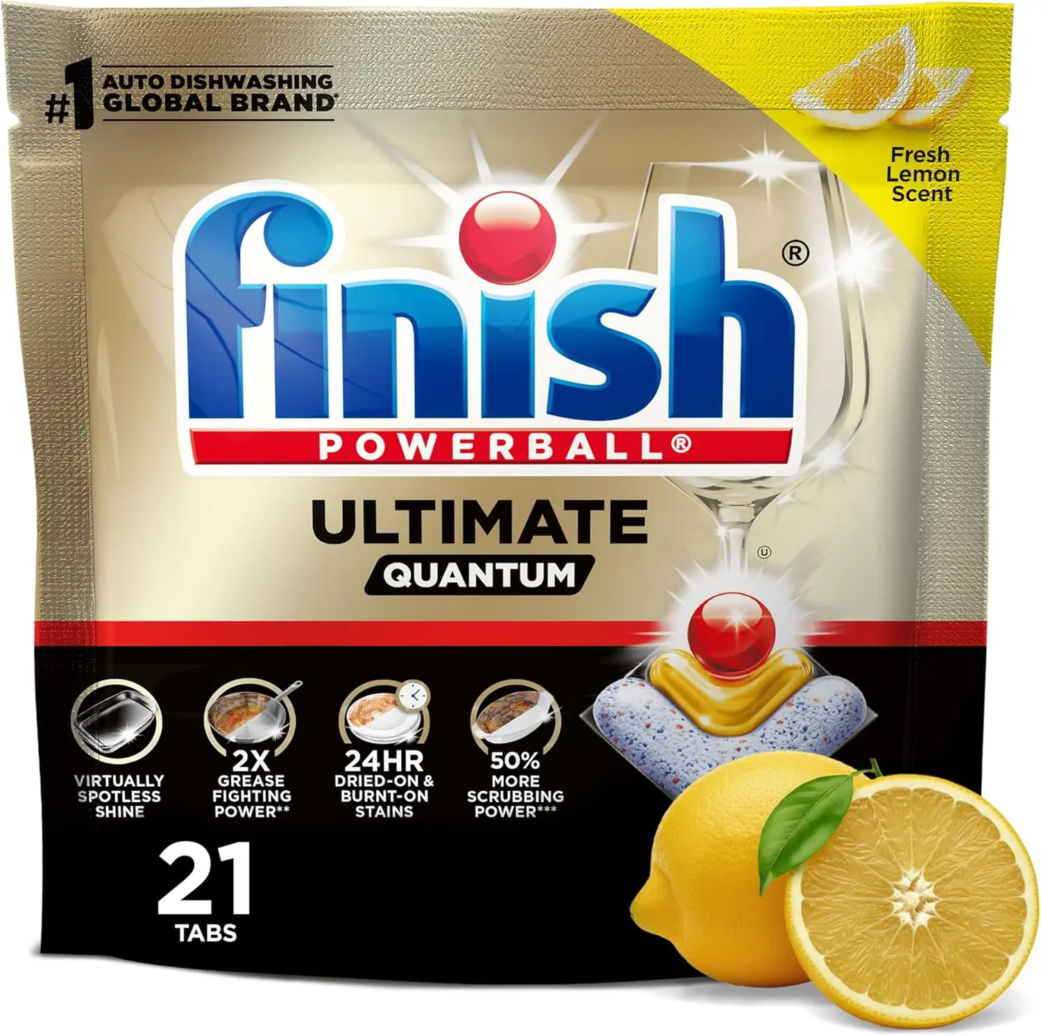 Finish Ultimate Quantum Dishwasher Pods, Lemon Scent, 21 Count, Powerful Grease and Stain Removal