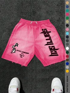 Men's Young Street Style Knit Shorts, Casual Loose-Fitting Design, Fun Letter & Star Print, Elastic Waist Drawstring Pockets