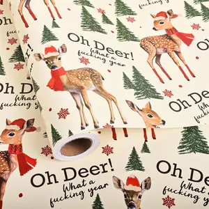 Funny Christmas Wrapping Paper Roll for Boys Girls  - Reindeer Christmas Tree  Wrap with Oh  What a Fxxking Year Words for Holiday Celebration Vacation Decoration Total 28.5sq.ft