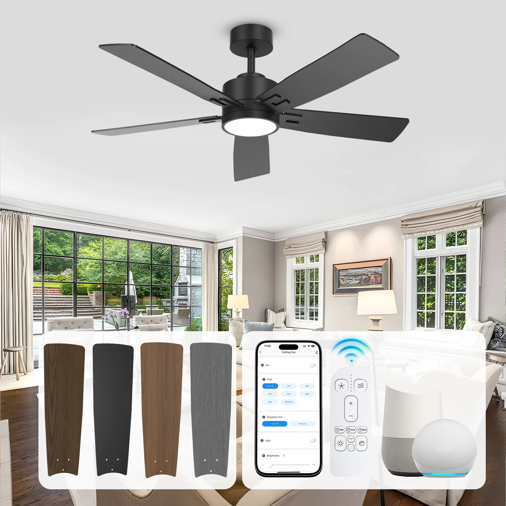42/52/60Inch Smart Ceiling Fan with Light, App/Alexa/Remote Modern Outdoor Ceiling Fan for Patio Porch,5 Dampproof Plywood Blades Double-sided Quiet DC motor Ceiling Fan for Indoor Bedroom Living Room Outside Garage Shop Use
