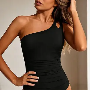 Women's One Shoulder One Piece Swimsuit Tummy Control Ruched Design Full Coverage Adjustable Strap Modest Bathing Suit for Beach & Pool Summervibes, Adjustable Straps Swimsuit, Bathing Suits tiktokshopspringglowup