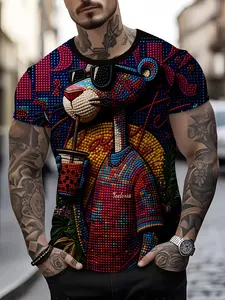 Men's Trendy Graphic Print Short Sleeve T-Shirt, Fashionable Streetwear Style Summer Top, Casual Fitted Long Tee for All Seasons Clothes