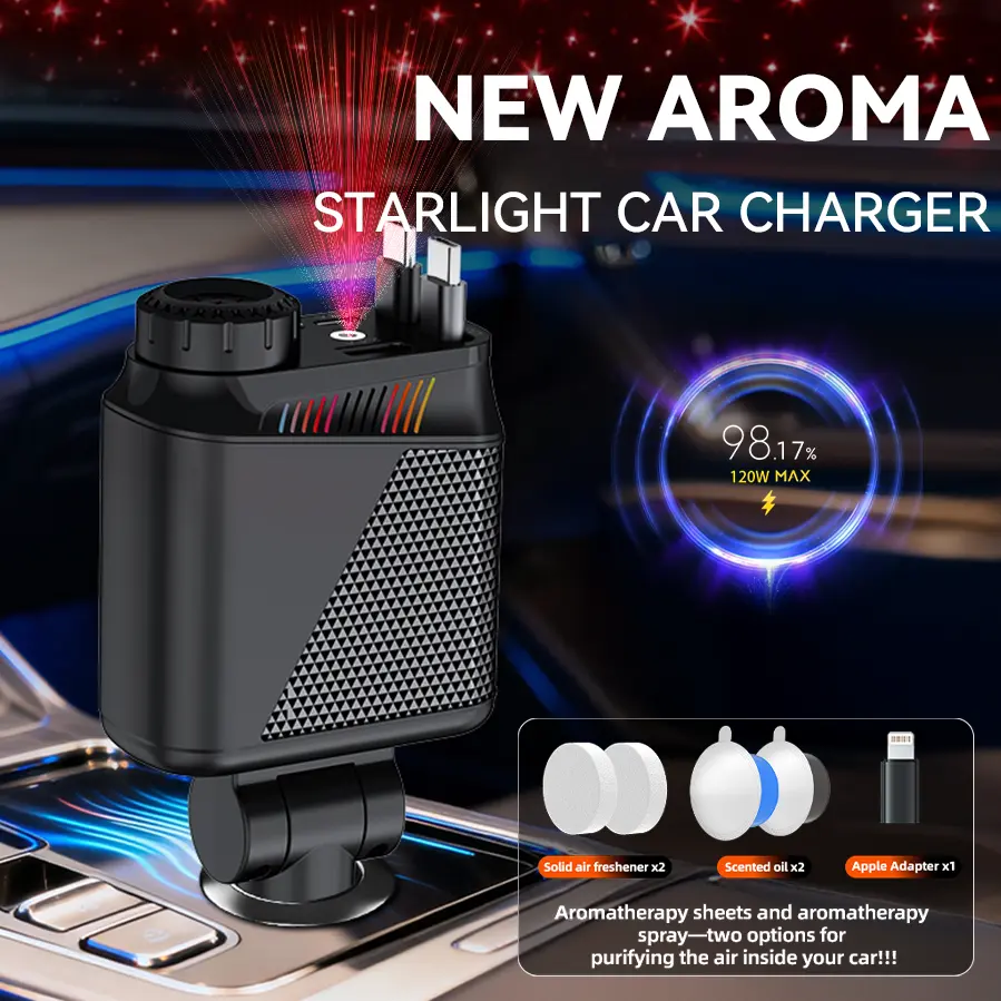 Ultimate Power Station for Phone, Pad & Laptop,Car Charger: Starry LED,Atmosphere Lamp,1-Click Galaxy Projector,Star Projector Tangle-Free Retractable Cables & Super Fast Charge,PD35W,USB-C3A ,All 120W Max,Power Hub,