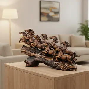 Eight Horse Resin Statue, Auspicious Feng Shui Horse Sculpture For Home Decoration, Hand-Carved, Brings Wealth And Success, Brown Color, 34 X 10.5 X 21 Cm