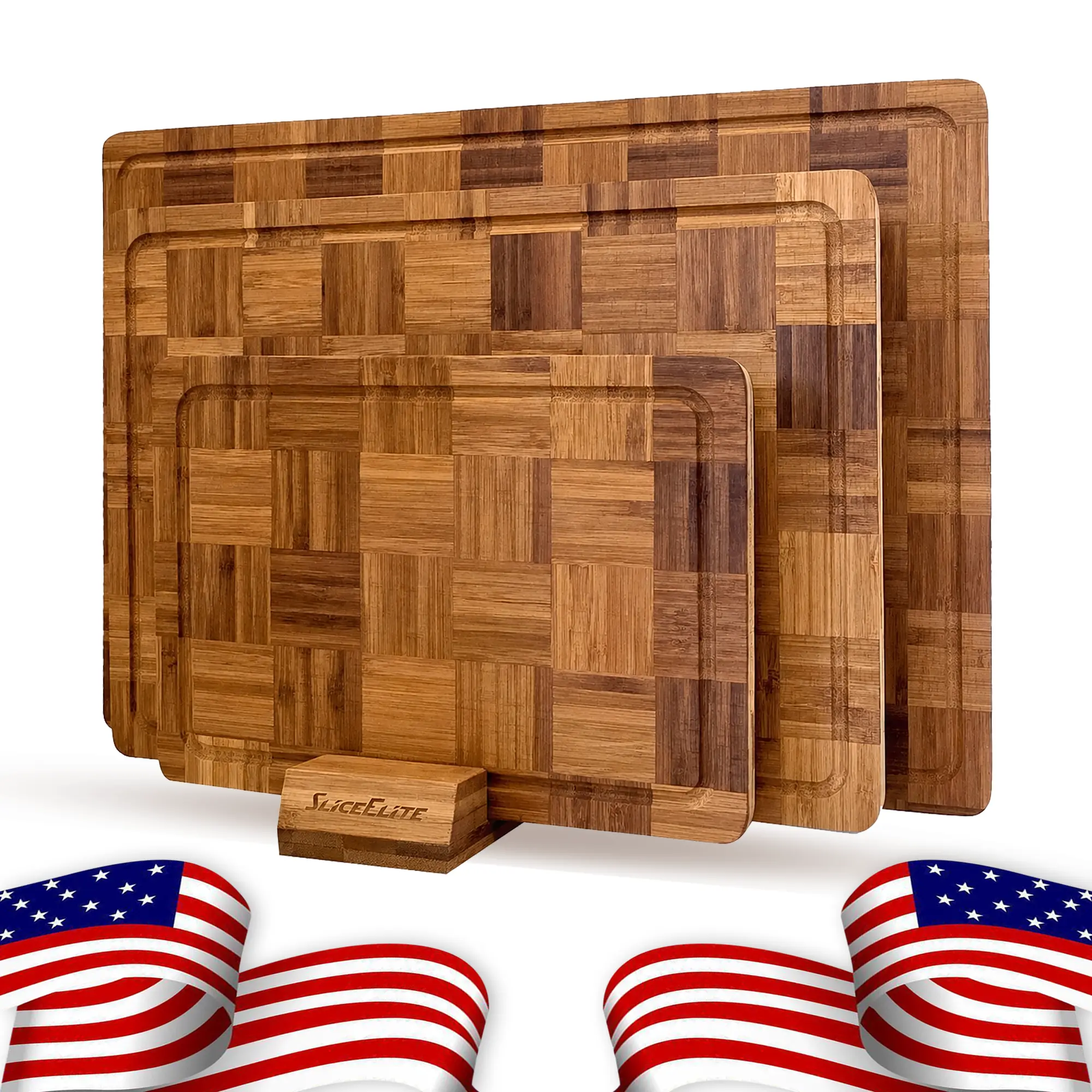 SliceElite Thick 3-Piece Upgrade Bamboo Wood Cutting Board Set - End Grain Butcher Block Chopping Boards with Silicone Non-Slip ft, Juice Groove, Holder & Oil Organiser for Kitchen Carving, Serving Wooden Knives