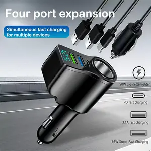 USB-C Car Charger Cigarette Lighter Plug 3 Data Ports LED Digital Display Screen Protects Mobile Devices