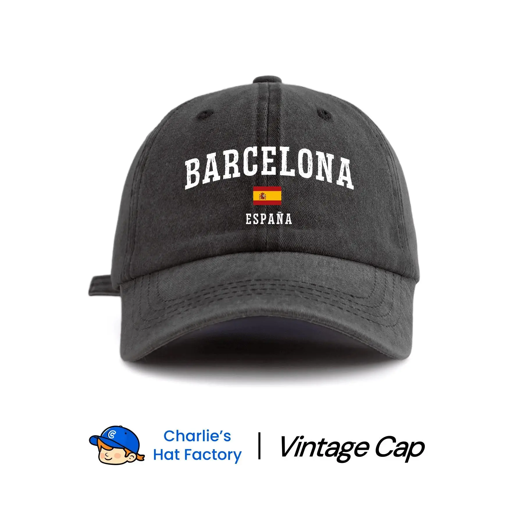 Sturdy Durable Vintage Dad Hat - Washed Cotton Denim, Barcelona España Print, Unisex Casual Adjustable Cap with Buckle for All Seasons Everyday Wear, Graphic, Daily, Fashion, Breathable, Single Layer, Moisture Absorbent, Unisex Fit