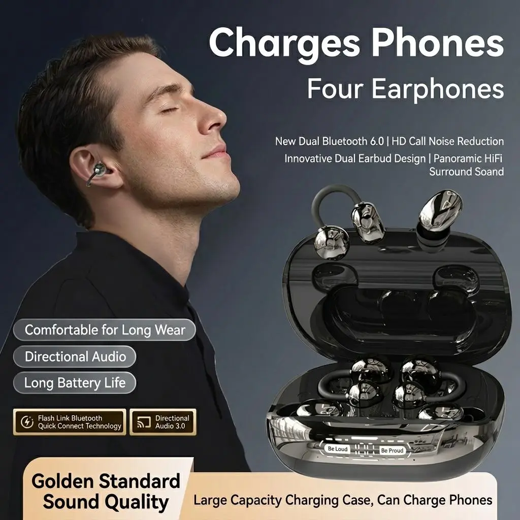 HYUNDAI GT630S 【4 Earbuds+Charges Phones】Wireless Headphones With Power Bank Case, Sleep & Clip-On Earbuds Included, Reverse Phone Charging, Ideal for Sports & Sleep, Earphones for Music & Calls, Compatible with Android & iOS