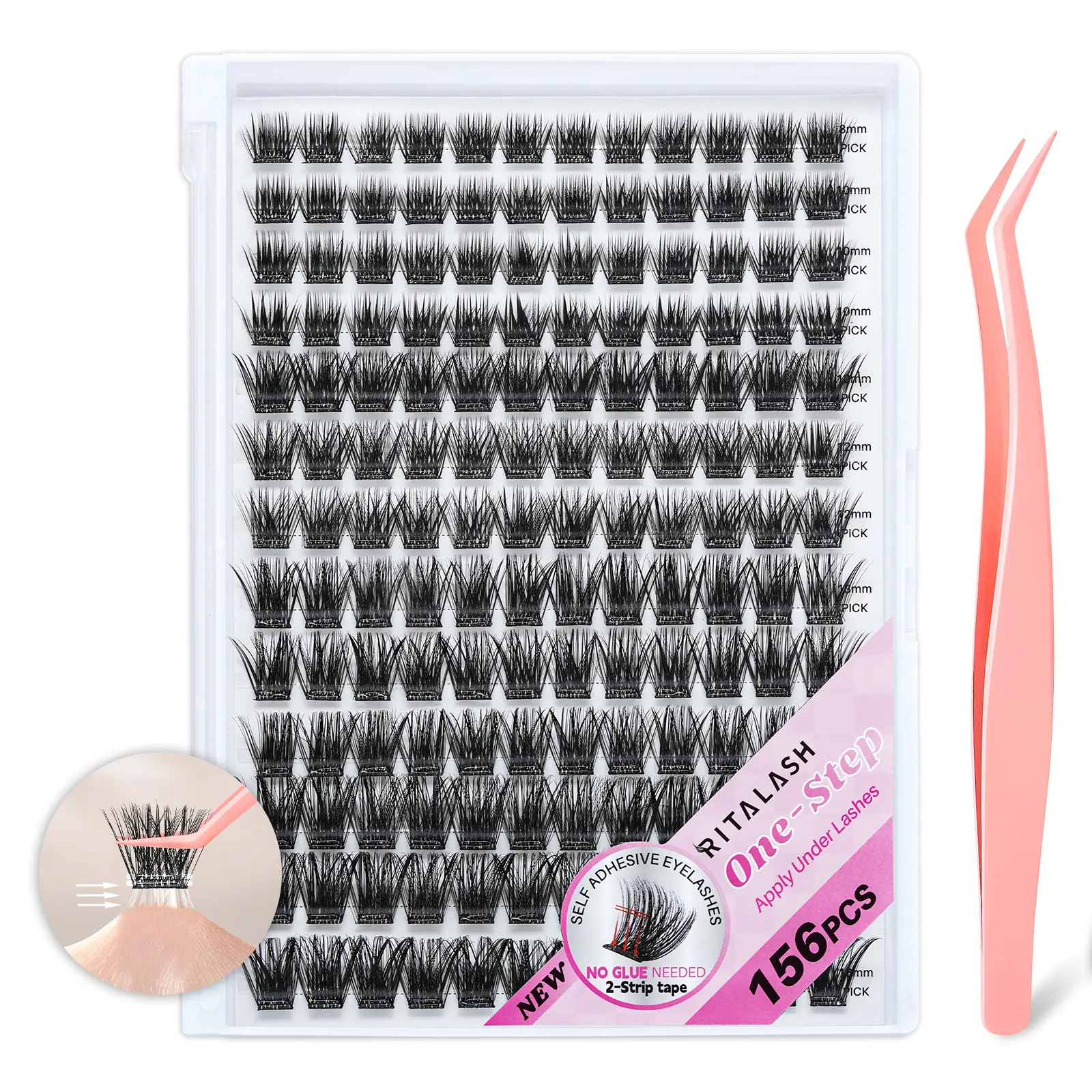 RITALASH D Curl Self-Adhesive Lash Clusters (156 Pcs), No Glue Needed, Invisible 2-Strip Tape, Longer-Lasting, No Sticky Residue, Pre-Glued Lashes with Anti-Stick Tweezers for Easy Control by Beginners, Makeup Eyelash Accessory