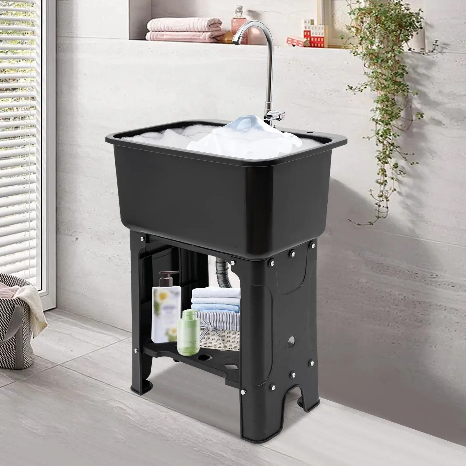 Durable Plastic Freestanding Washing Sink with Storage Shelf - White Faucet, Drain Pipe, Bathroom Fixtures for Balcony Home Bathroom Use, Suitable for Restaurants, Bars, Freestanding Sinks