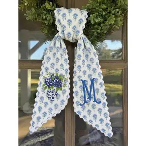 Personalized Hydrangea Door Wreath Ribbon, Custom Embroidered Sash Decor