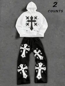 Unisex design. Street style. Crosses and graffiti-style English pattern prints. Spring and autumn hooded sweater set. Loose-fitting hooded sweatshirt. Street life, unique street fashion style. Daily casual wear. Trendy outfit. Fitted