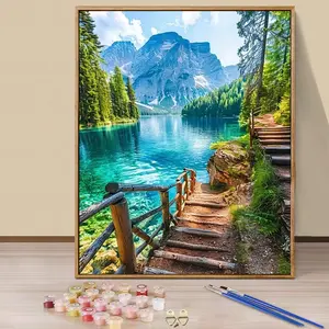 Paint by Numbers Kit for Adults Beginners - 16x20in/40x50cm Color Canvas, Easy DIY Mountain Lake Acrylic Painting Set - Wall Decor for Living Room and Bedroom, Creative Gift for Birthday, Mother's Day and Christmas, Without Frame