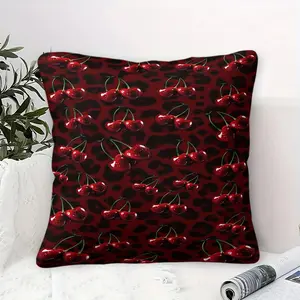 Dark Red Leopard Print & Cherry Throw Pillow, Soft Decorative Cushion, Comfort Square Pillow for Bedroom Sofa Couch Vanity Room Dorm, Perfect Coquette Y2K Home Decor Gift for Teen Girls & Women
