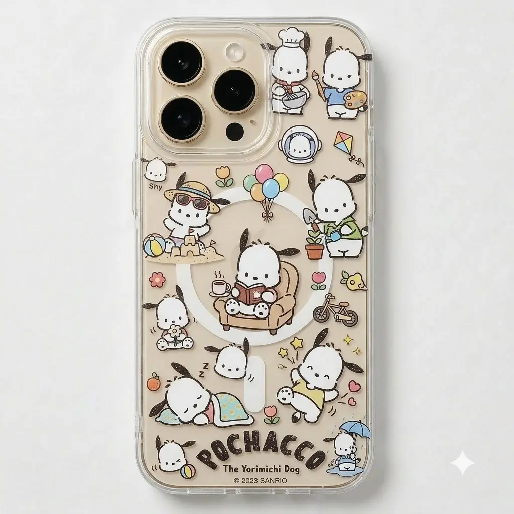 Pochacco Cute Daily Life MagSafe Clear Phone Case - Kawaii Cartoon Puppy Transparent Shockproof Protective Cover for iPhone 11 12 13 14 15 16 17 Plus Pro Max & Samsung Galaxy S22-S26 Ultra