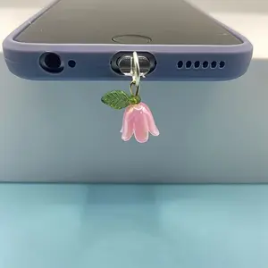 Three-Dimensional Bell Orchid Leaf Mobile Phone Charging Port Dust Plug, Artificial Pearl Pendant, Works with iPhone and Type-C, Cell Phone Charm