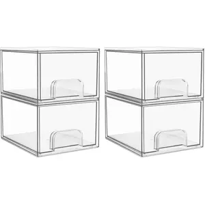 4 Pack Clear Small Stackable Storage Drawers,Acrylic Bathroom Makeup Organizer,Plastic Storage Bins For Vanity, Undersink, Kitchen Cabinets, Pantry, Home Organization