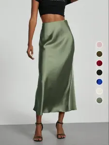 Women's Solid Color Satin Woven Skirt, Elegant Fashion Skirt for Work Office Business, Ladies Clothes for All Seasons
