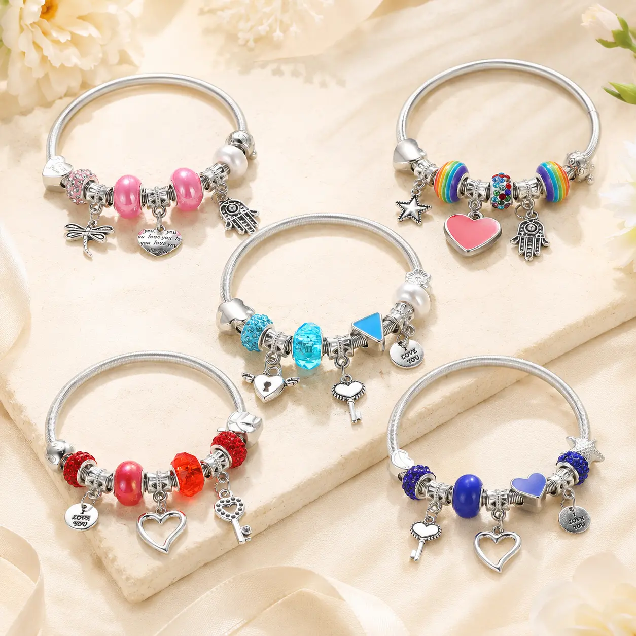 Women's Silver-Tone Charm Bracelet Set - Beaded Snake Chain Bangle with Heart, Key, Dragonfly, Star, Hamsa Dangles, 5-Style Complete Y2K Costume Jewelry Gift
